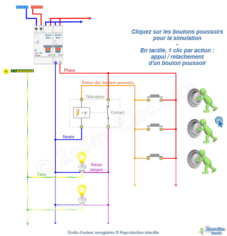 Schéma développé d'un télérupteur : impulsion poussoir 3, contact en cours d'ouverture (état 8/8), lampes encore allumées.