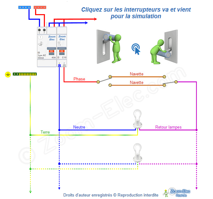 Interrupteur va-et-vient, schéma de principe et de fonctionnement électrique Schéma de principe et de fonctionnement électrique du circuit d'interrupteur va-et-vient, état 4, configuration HB