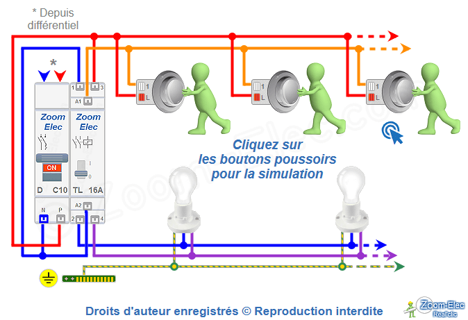 Schéma électrique d'un télérupteur : contact ouvert (état 1/8), retour lampe non alimenté, lampes éteintes.