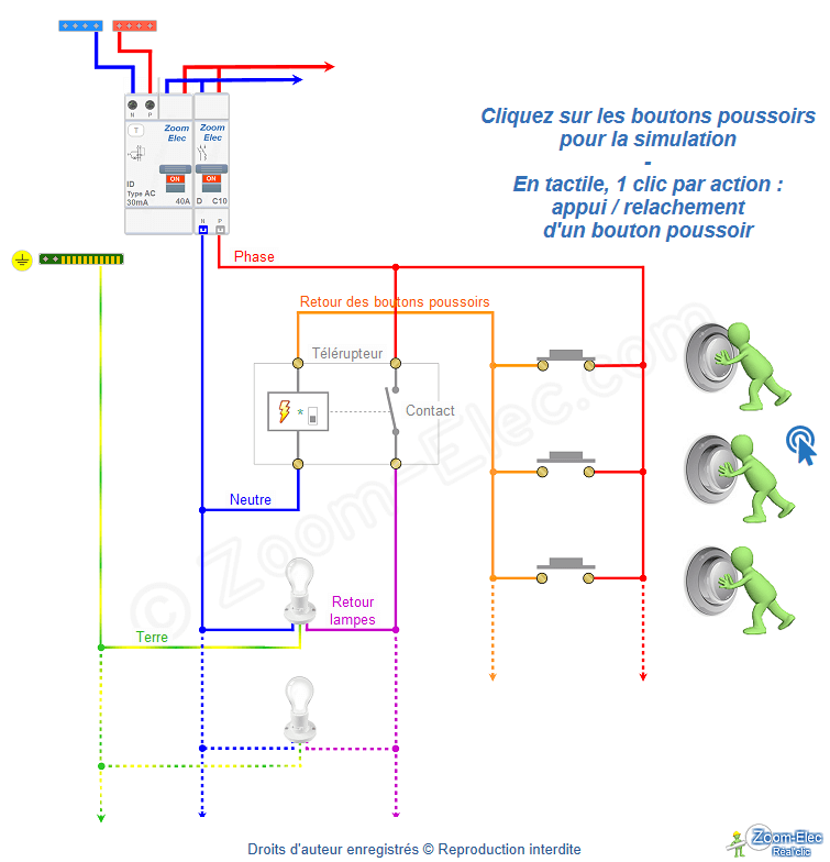 Schéma développé d'un télérupteur : impulsion poussoir 1, contact en cours de fermeture (état 2/8), lampes encore éteintes.